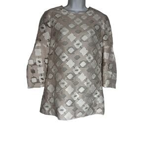 Lela Rose Silk Cotton Sheer Lined Geometric Jacquard Overlay White Tan Blouse 6